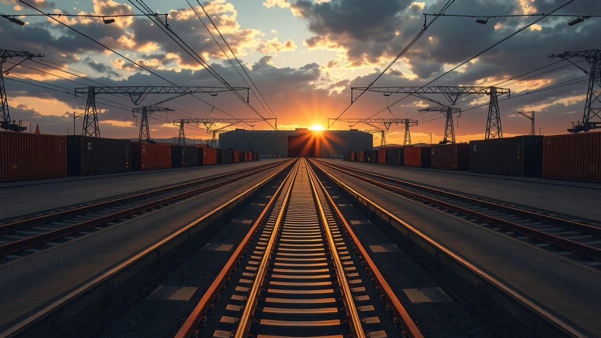 Imagen ilustrativa: vista en gran angular de una plataforma logística intermodal con vías de ferrocarril convergentes al atardecer
