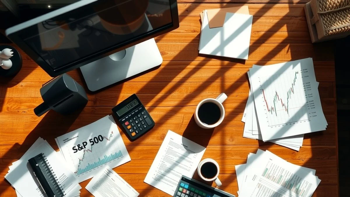 Imagen ilustrativa: vista cenital de un escritorio con documentos financieros, calculadora y una pantalla de ordenador con gráficos de bolsa.