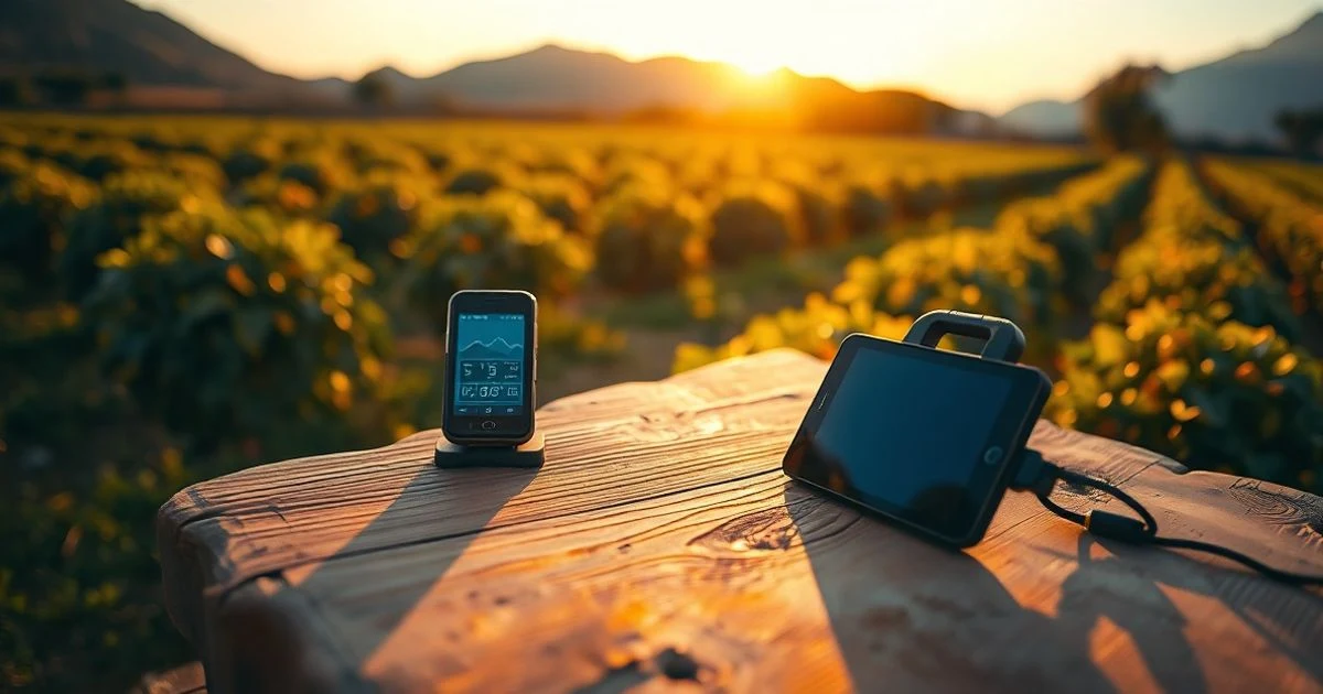 Plantación de café en los Andes peruanos con una estación meteorológica y un teléfono móvil sobre una mesa de madera al atardecer