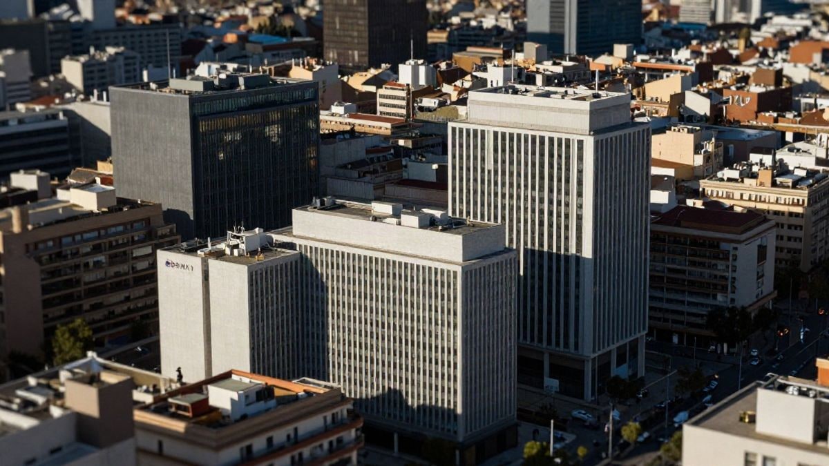 Illustrative image: aerial view of a modern urban landscape with bank buildings, representing economic growth and the financial sector.