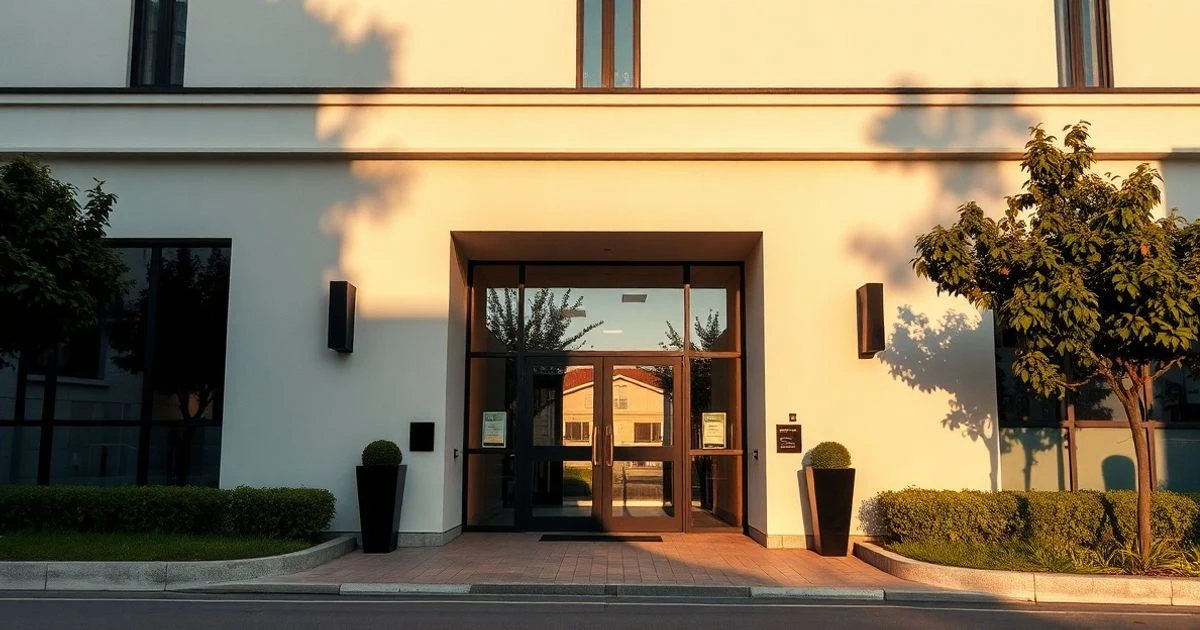 Entrada de un edificio de oficinas en Alicante con reflejo de un icono de red móvil en el cristal