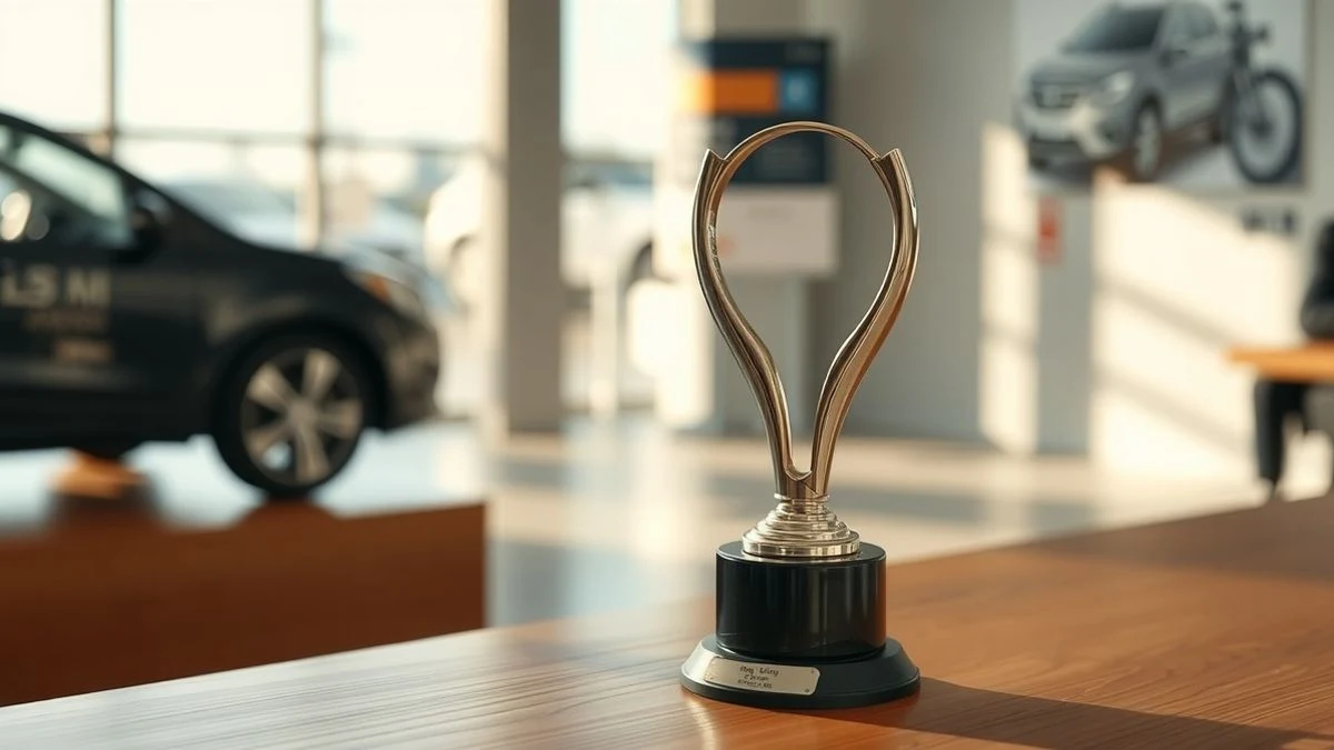 Trofeo sobre una mesa de madera en un concesionario de coches, con un coche desenfocado al fondo