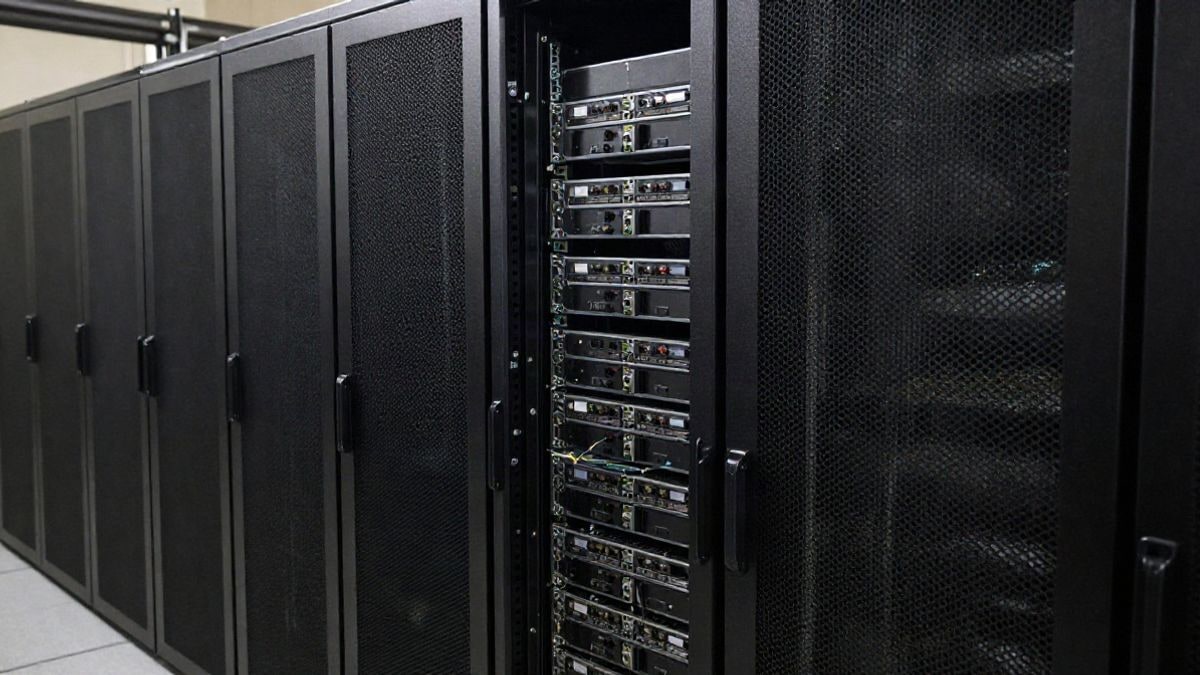 Illustrative image: a data center facility with server racks and cooling systems, representing technological infrastructure in a neutral setting