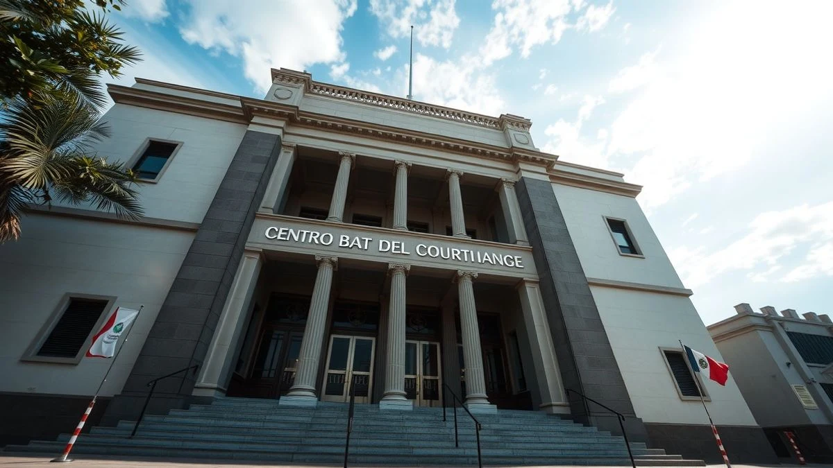 Fachada de un tribunal mexicano desde un ángulo bajo con cielo nublado de fondo
