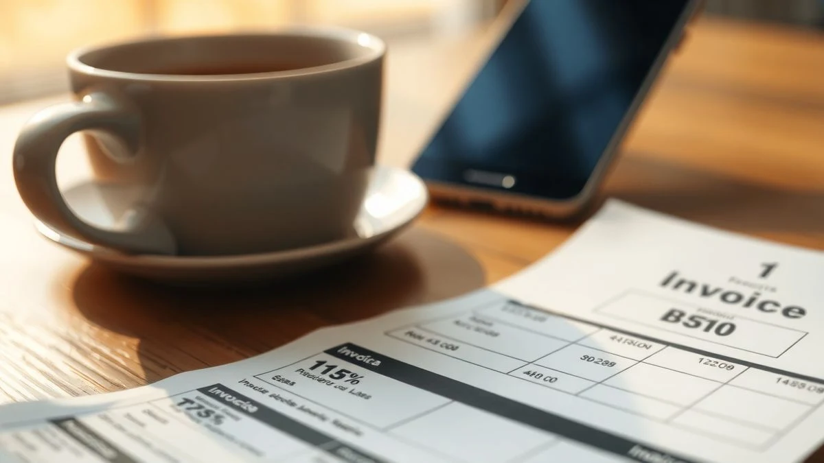 Imagen ilustrativa: primer plano de un recibo de compra con un teléfono móvil y una taza de café al fondo, iluminación cálida