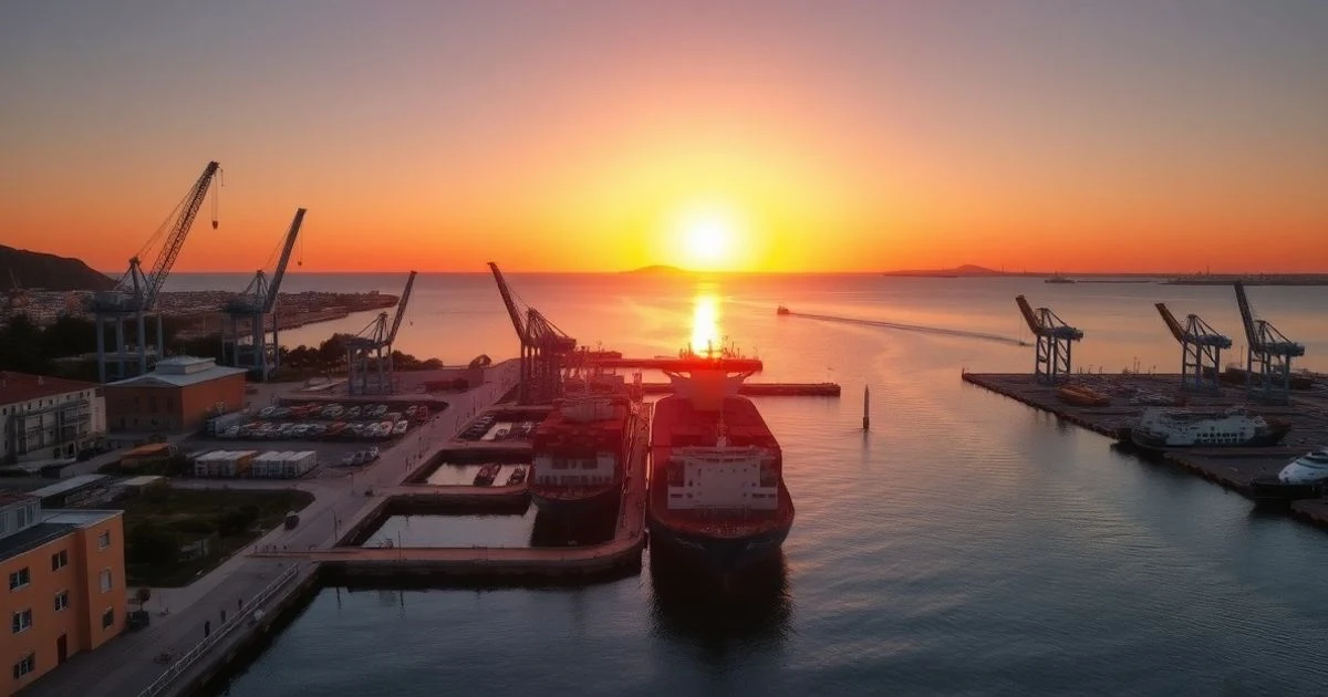 Vista aérea del puerto de Palma al atardecer con grúas y muelles