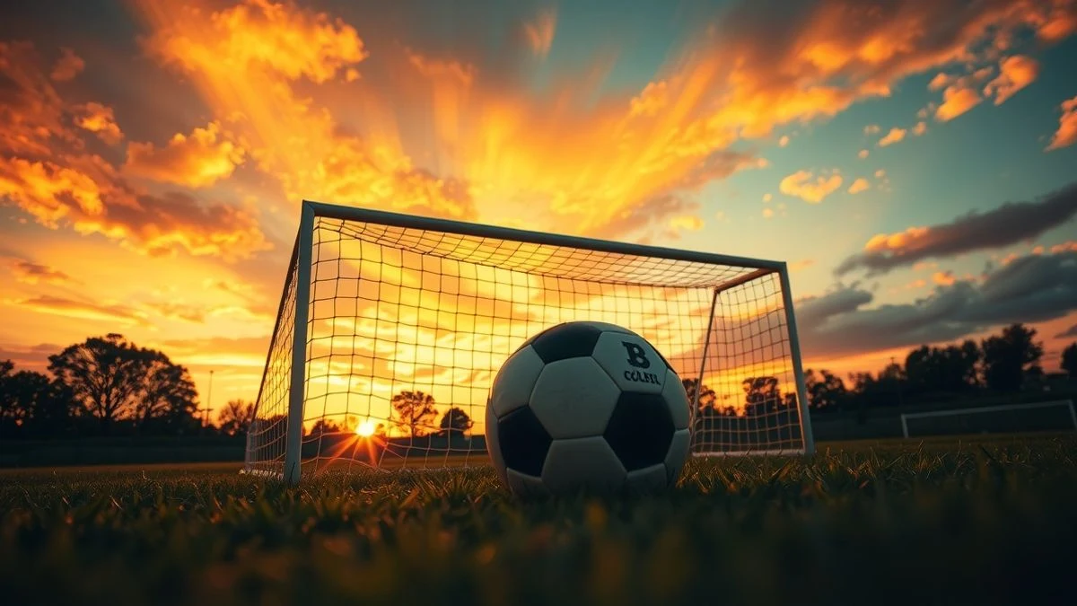 Imagen ilustrativa: ángulo bajo de una portería de fútbol con red y un balón sobre el césped al atardecer