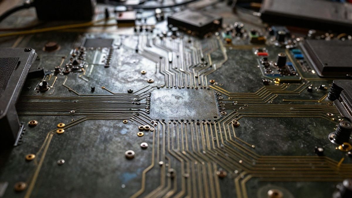 Illustrative image: detail of metal texture and circuits representing technology in an industrial context.