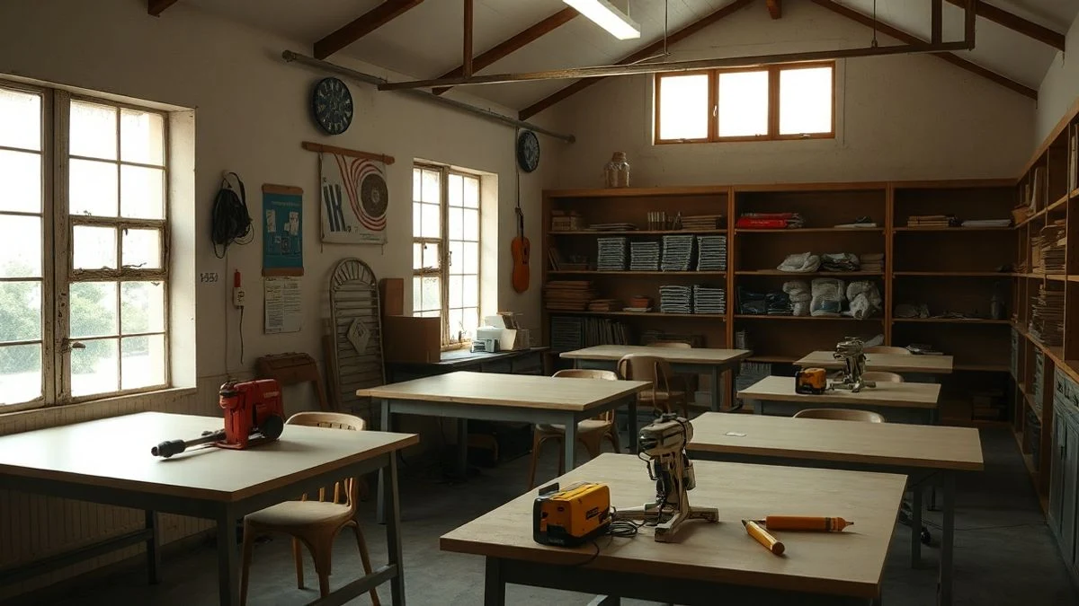 Interior de un taller de formación con herramientas y materiales de obra