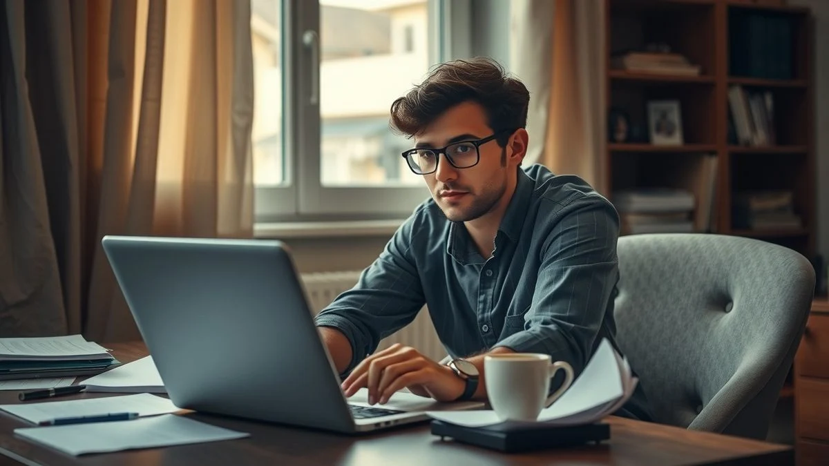 Joven profesional en su casa frente a un portátil durante la búsqueda de empleo
