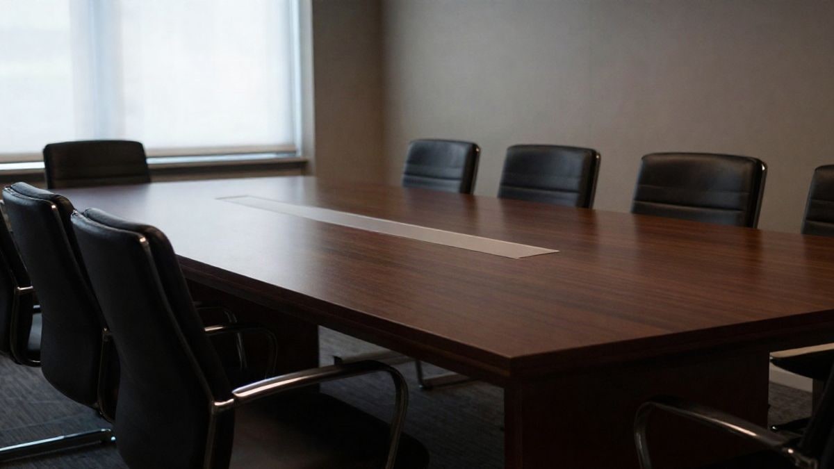 Illustrative image: empty corporate boardroom with chairs and table, illuminated by soft natural light.