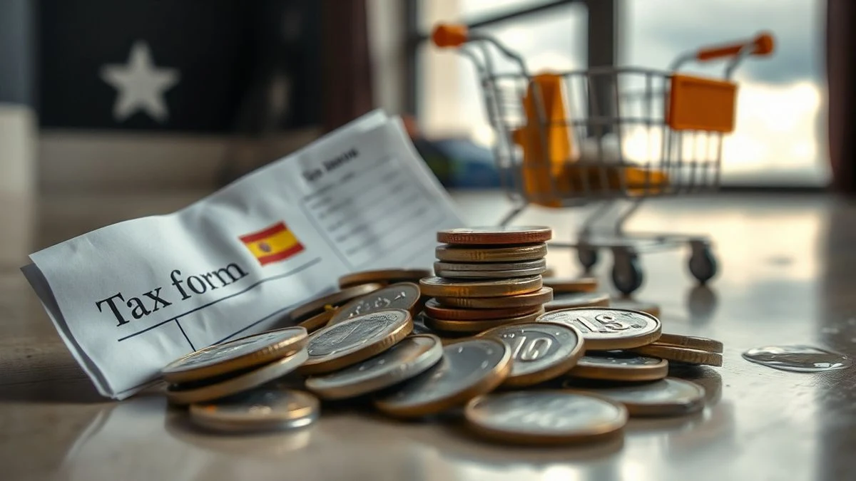 Formulario de IRPF con monedas de euro derritiéndose y un carrito de compras con pocos productos al fondo