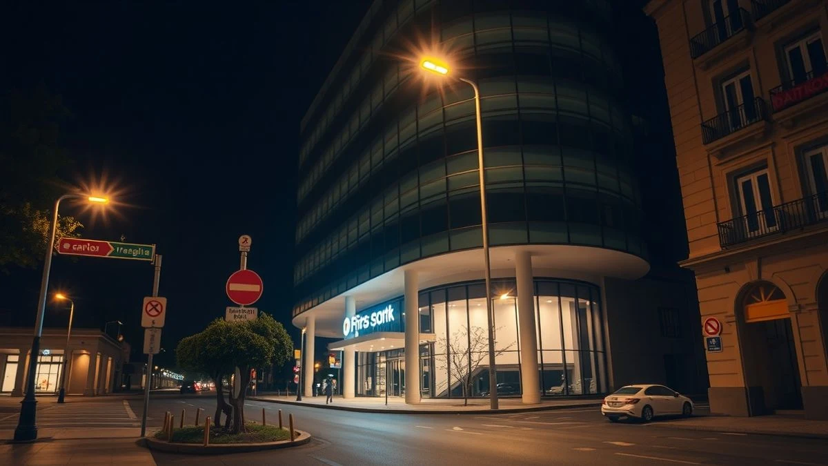 Imagen ilustrativa: Fachada de un edificio de oficinas iluminado por farolas y focos por la noche, sin personas visibles.
