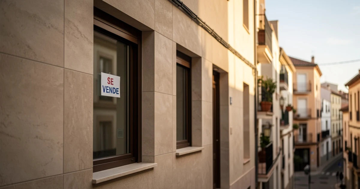 Fachada de un edificio residencial con cartel de 'Se Vende' en la ventana, luz suave de tarde