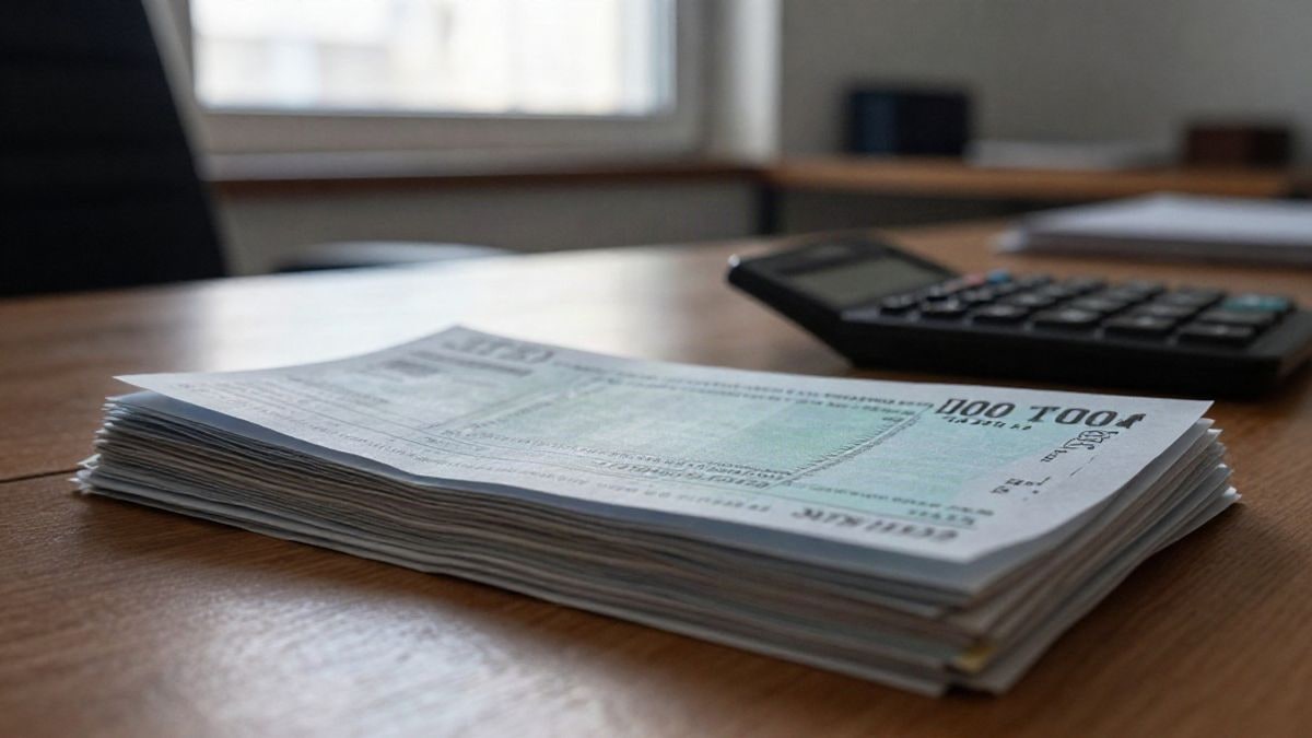 Illustrative image: municipal bills and a calculator on an office desk