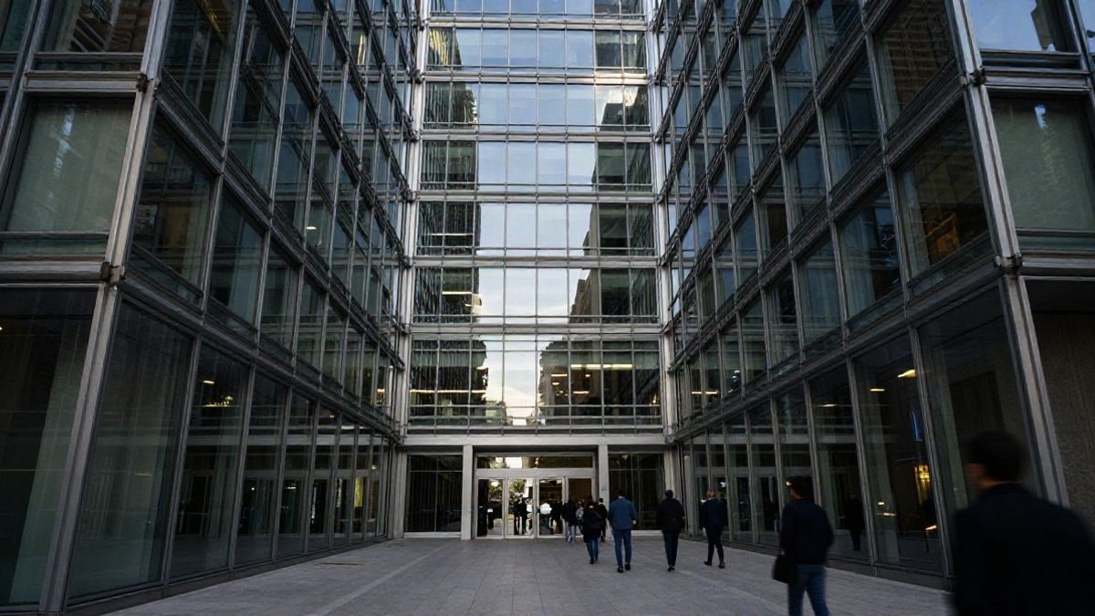 Imagen ilustrativa: fachada de un edificio moderno con líneas convergentes hacia la entrada, simbolizando accesibilidad y procesos digitales