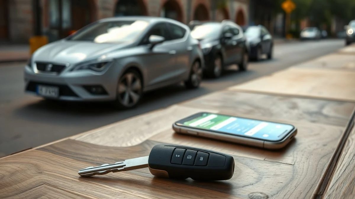 Llave de coche sobre una mesa de madera junto a un móvil con una app de alquiler