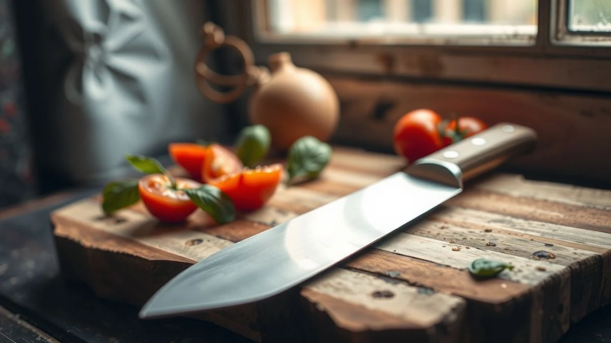 Imagen ilustrativa: un cuchillo de chef sobre una tabla de madera con ingredientes mediterráneos frescos