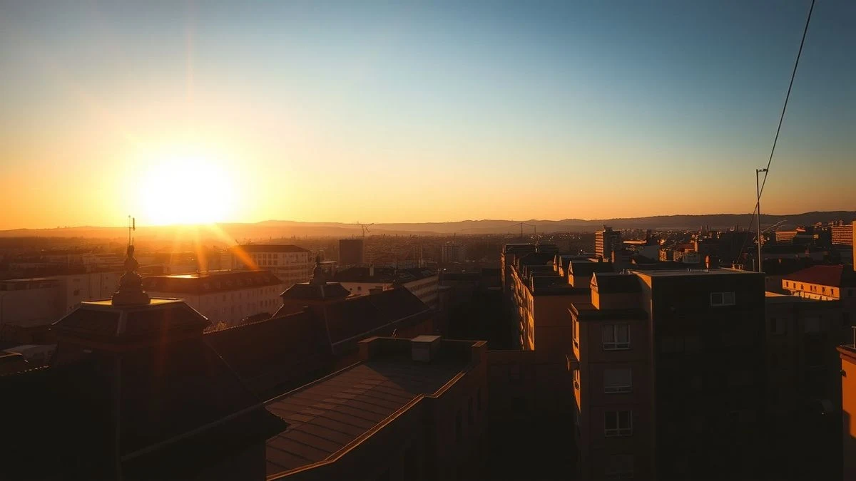 Atardecer en una ciudad gallega con siluetas de trabajadores y sombras largas