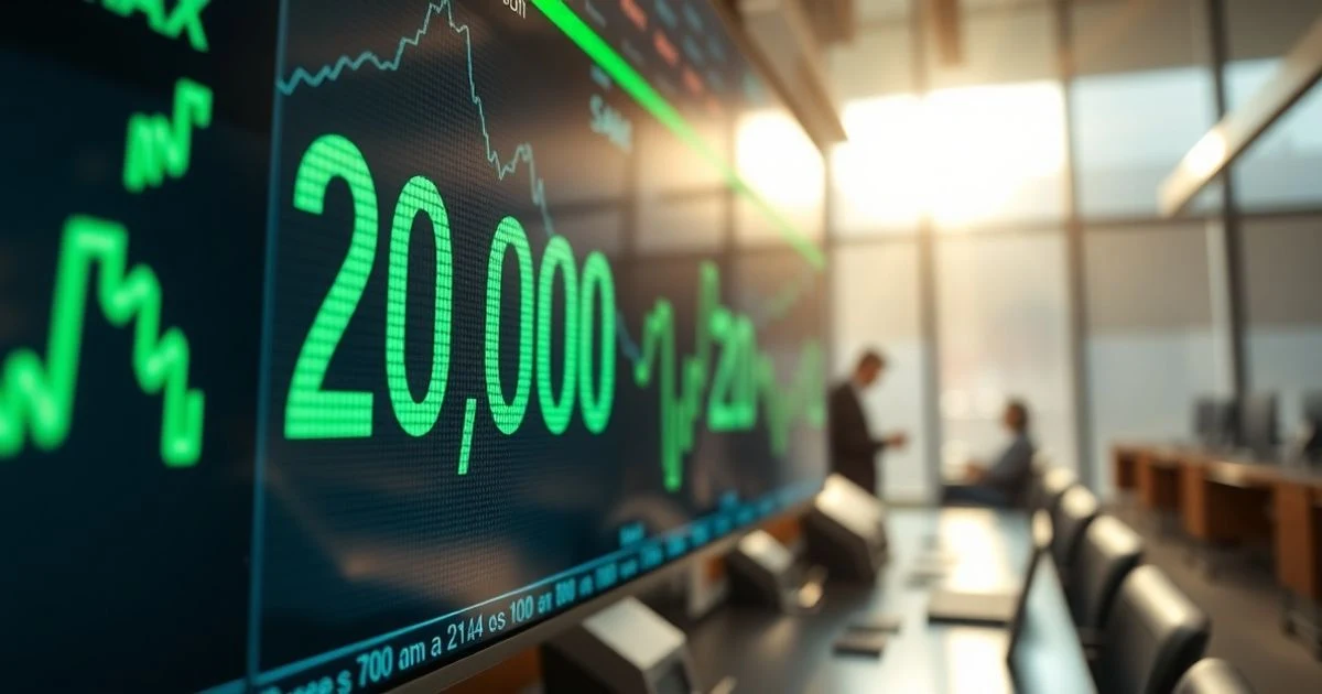 Pantalla de bolsa con el Ibex 35 en 20.000 puntos y gráficos verdes
