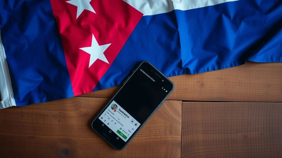 Imagen ilustrativa: una bandera de Cuba sobre una mesa de madera, junto a un teléfono móvil que muestra una publicación de Facebook.