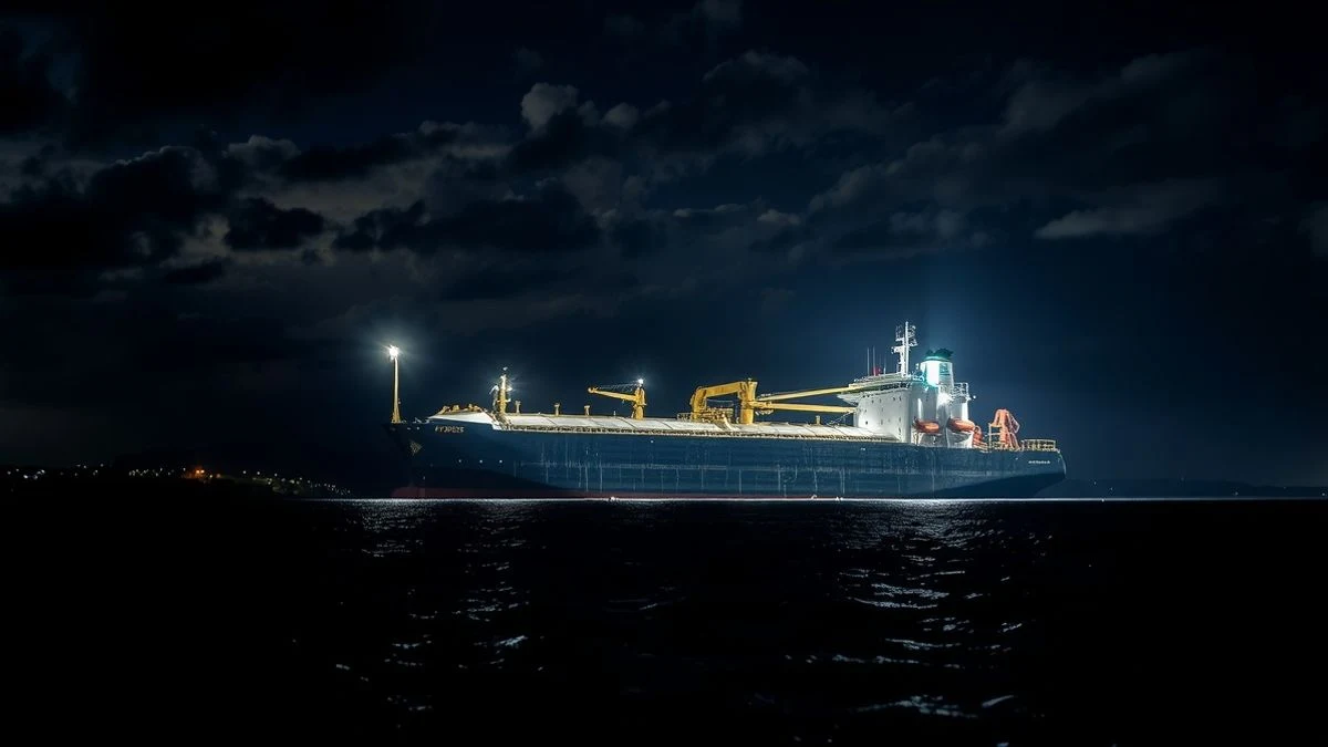 Vista nocturna del estrecho de Ormuz con un petrolero iluminado por focos