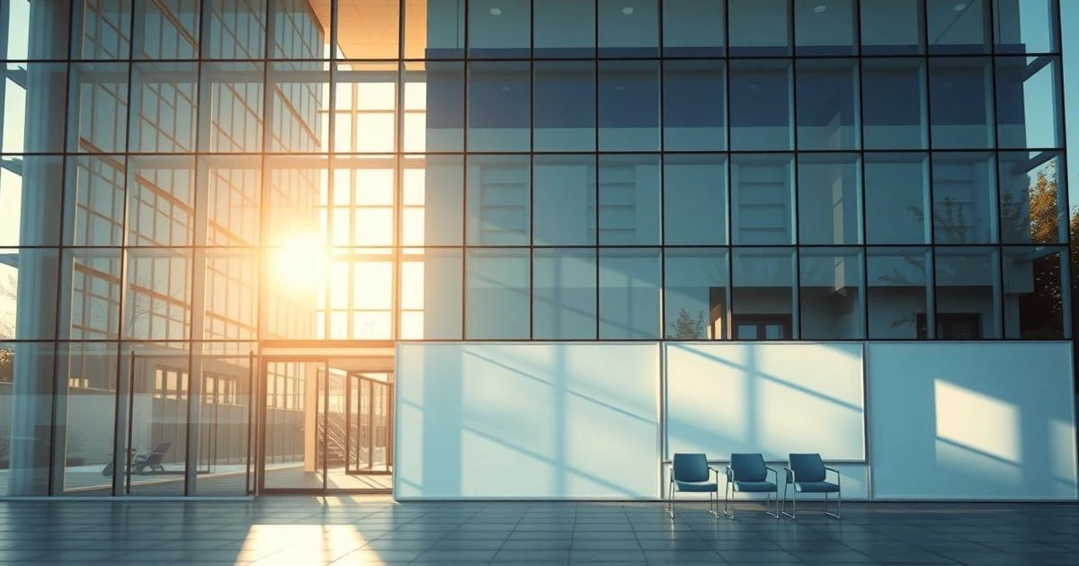 Edificio de oficinas moderno en Sevilla con fachada acristalada y luz de tarde
