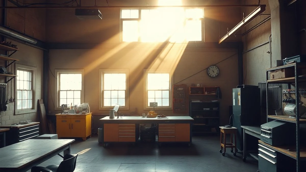 Imagen ilustrativa: interior de un taller de formación industrial con equipos y luz natural