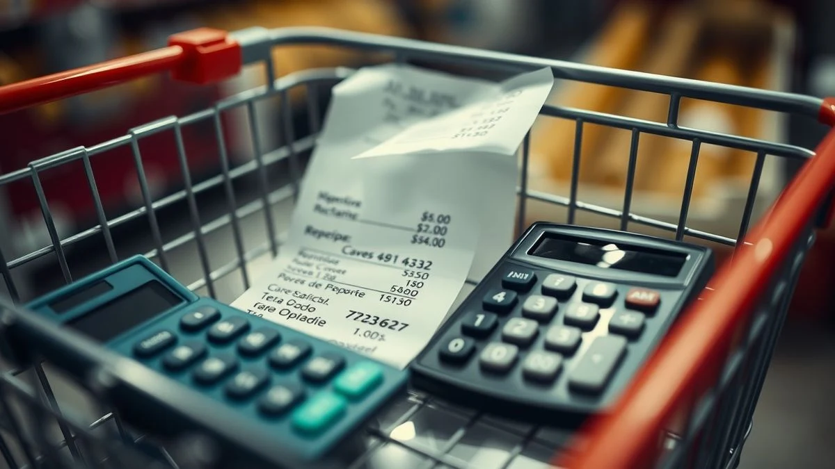 Imagen ilustrativa: primer plano de una cesta de la compra con un ticket y una calculadora, luz natural dramática