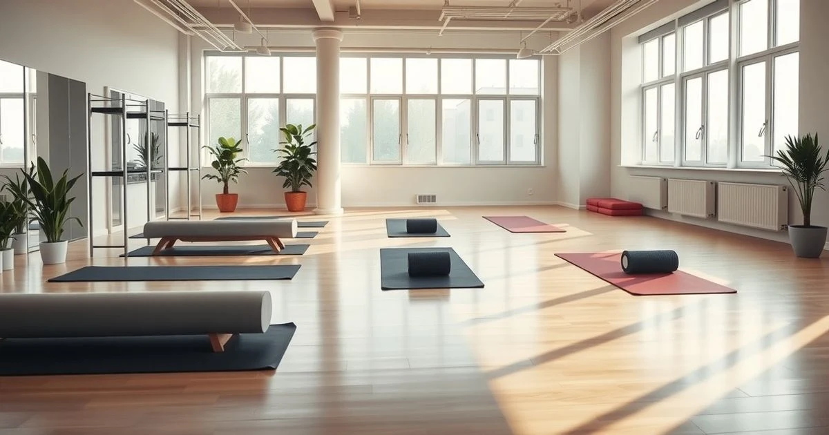 Espacio vacío de gimnasio de oficina con esterillas y camillas de masaje, luz natural suave