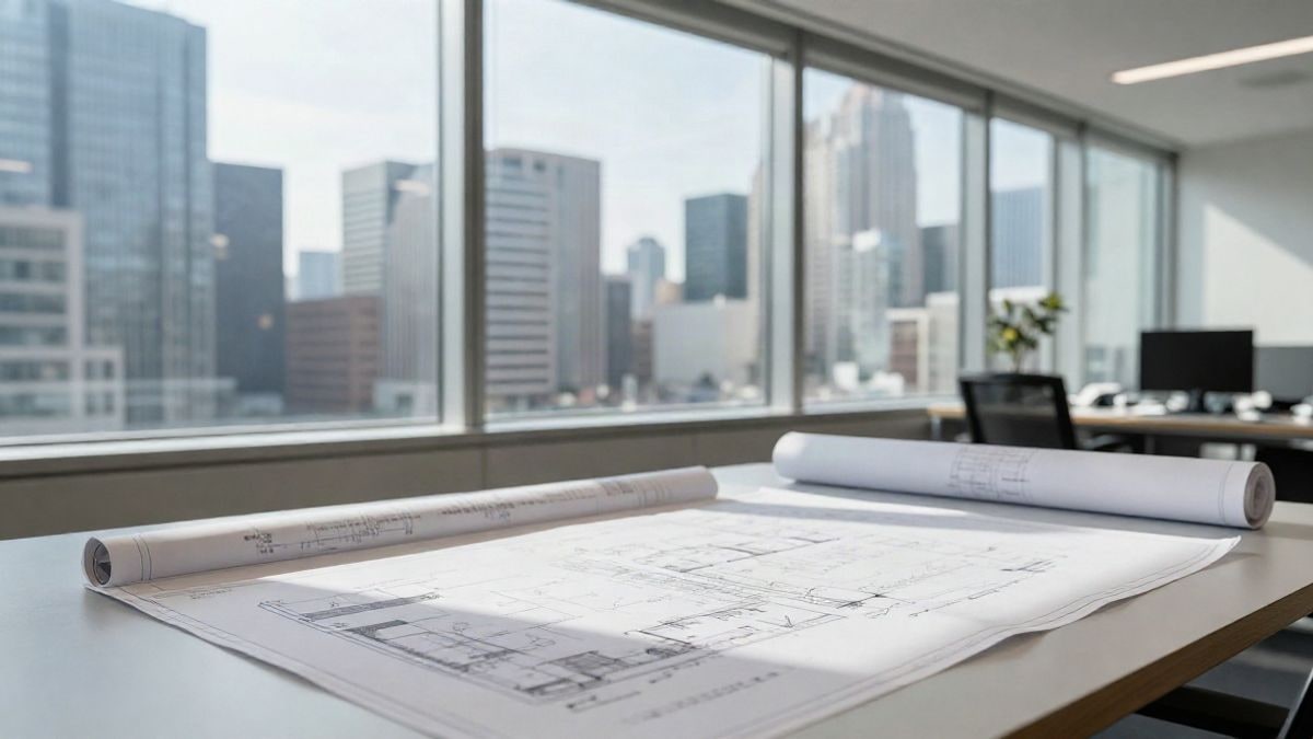 Imagen ilustrativa: maqueta de arquitectura sobre una mesa de dibujo en un estudio con vistas a la ciudad.