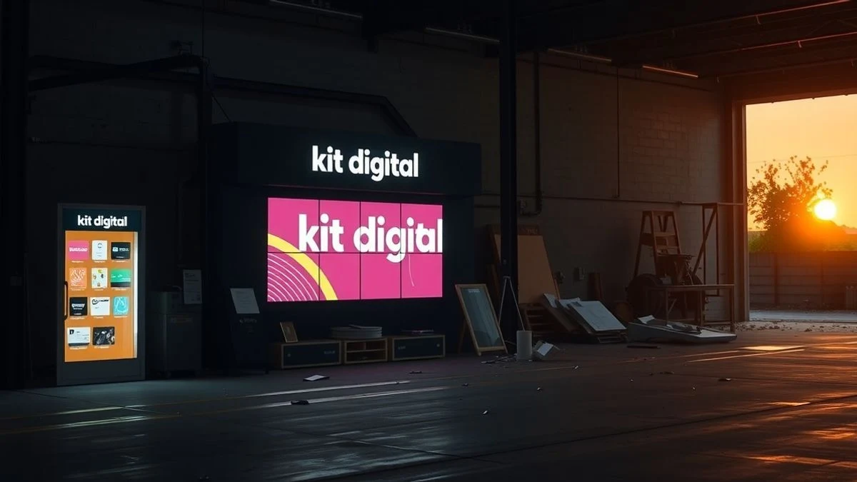 Escaparate digital con pantallas y cartel de kit digital en un almacén semioscuro con escombros, iluminado por un atardecer.