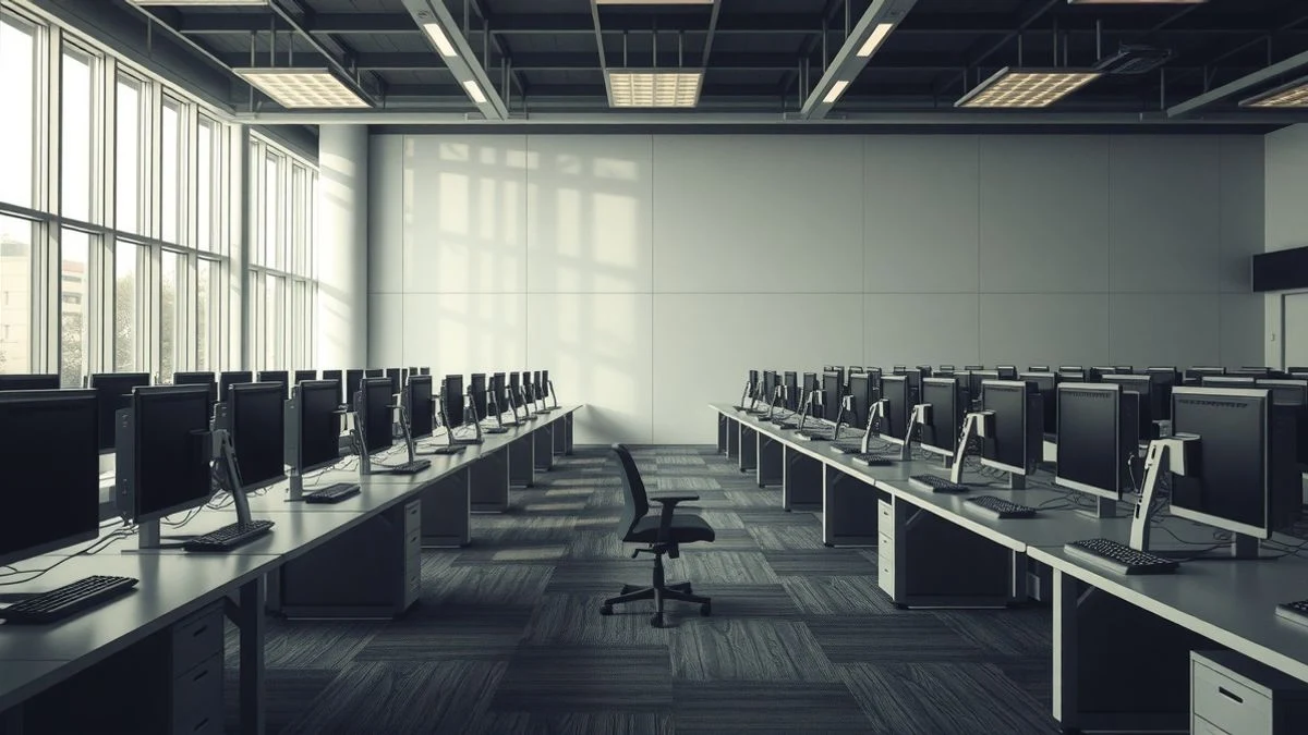 Vista de un call center vacío con mesas y monitores, luz tenue, sin personas.