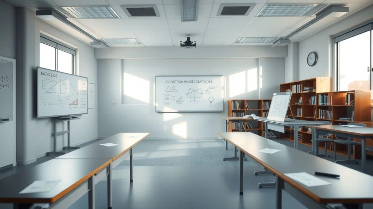 Imagen ilustrativa: un aula vacía y luminosa con pizarra llena de esquemas empresariales y un ordenador portátil sobre la mesa