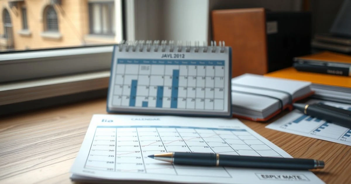 Calendario sobre un escritorio con gráficos financieros y un bolígrafo, luz natural suave