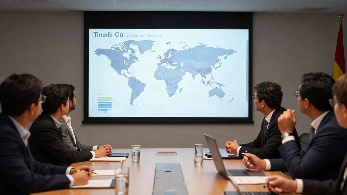 Illustrative image: a business meeting room with a professional atmosphere and a large board showing trade statistics, representing a negotiation and business strategy context.