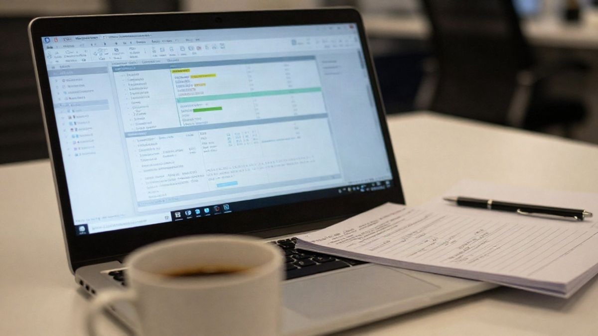 Illustrative image: a modern desk with a laptop showing data analysis, notes, and a coffee cup, with no visible people.