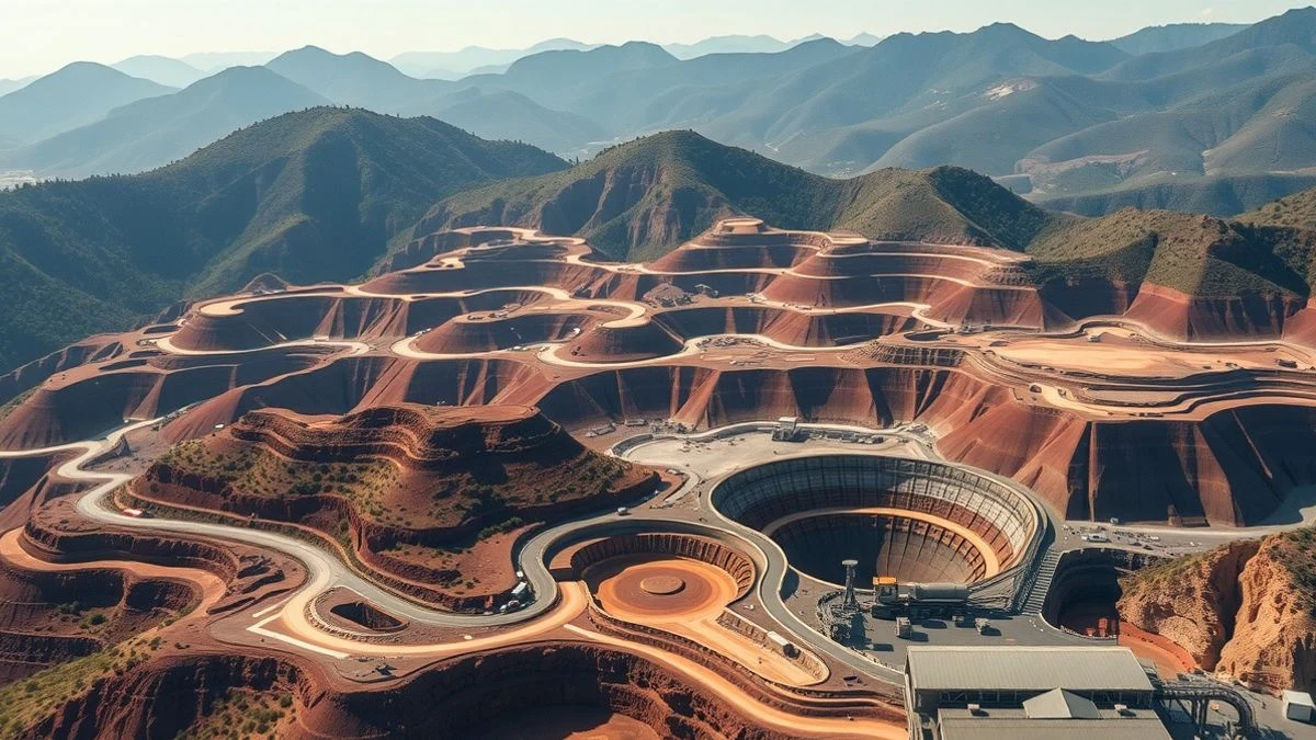 Imagen ilustrativa: vista aérea de una explotación minera a cielo abierto en una zona montañosa, con terrazas de tierra rojiza y caminos de acceso.