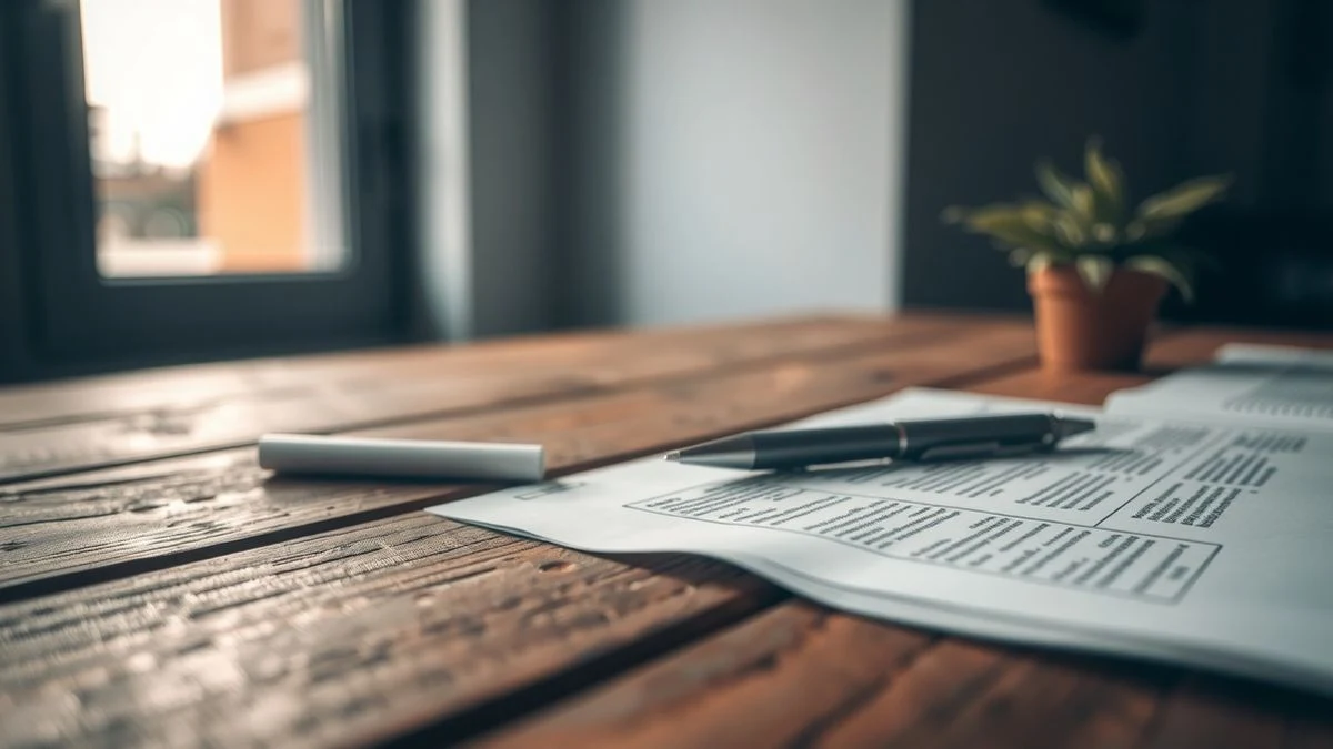 Documento y bolígrafo sobre una mesa de madera con luz natural