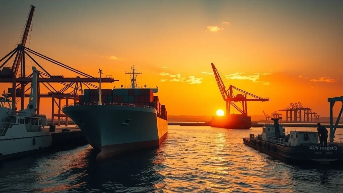 Barco de carga en el puerto de Puerto del Rosario al atardecer