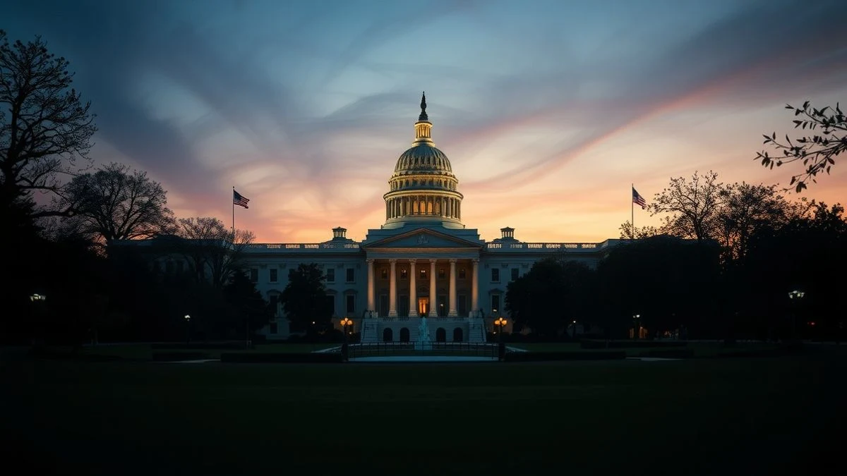 Fachada de la sede del FMI en Washington D.C. al atardecer, con contraluz y sombras largas.