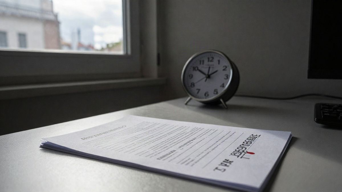 Imagen ilustrativa: oficina con documentos de jubilación sobre un escritorio y un reloj de pared, en un ambiente con luz natural