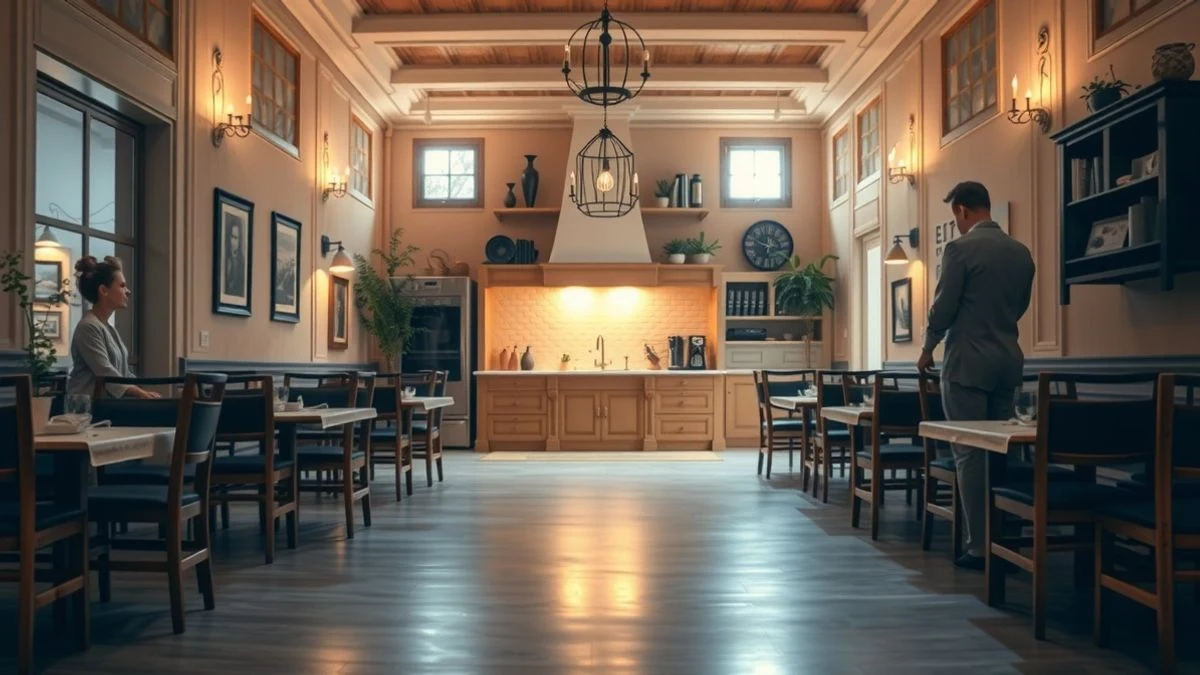 Interior vacío de restaurante italiano con cocina abierta y decoración de plaza italiana