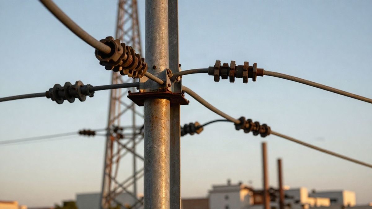 Illustrative image: detail of cables and metal structure of an electric tower
