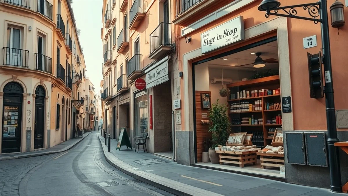 Imagen ilustrativa: fachada de un comercio local con escaparate en una calle peatonal de un pueblo canario.