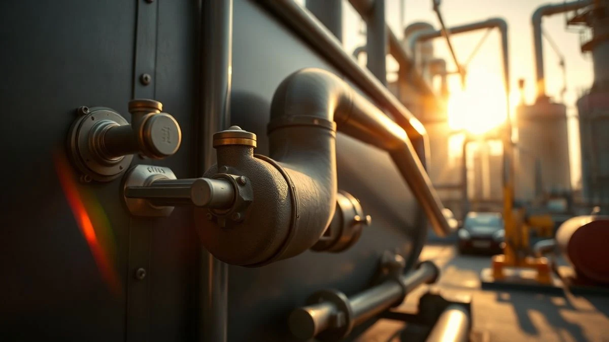 Primer plano lateral de una pila de combustible industrial con tuberías metálicas, luz natural dramática y fondo desenfocado