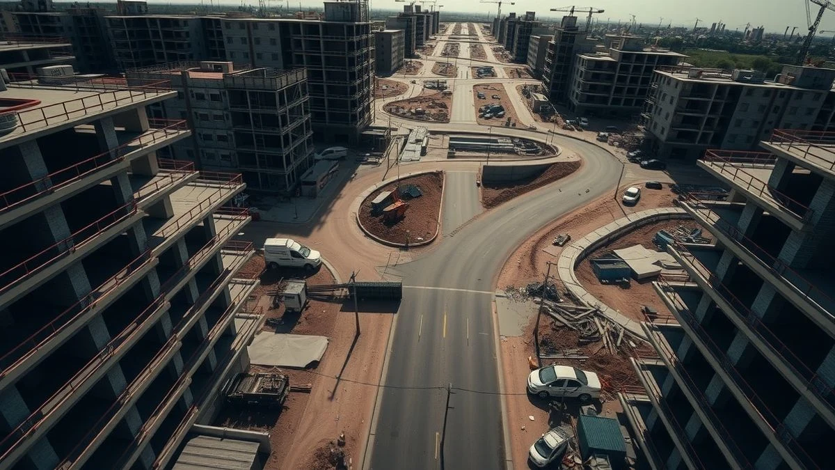 Imagen ilustrativa: vista cenital de una obra de construcción abandonada con materiales dispersos, representando la crisis del empleo en el sector.