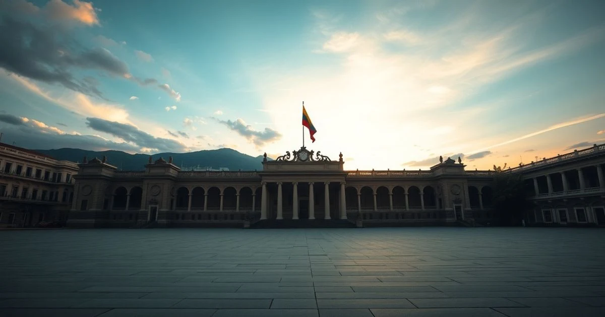 Fachada de la Casa de Nariño en Bogotá al atardecer, con la bandera ondeando.