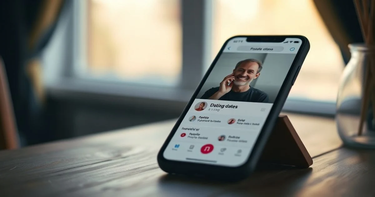Teléfono móvil sobre una mesa de madera mostrando una interfaz de optimización de perfil de app de citas