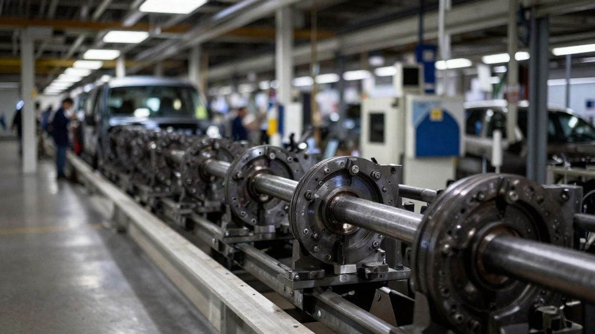 Illustrative image: a car production line with machinery and metal elements in an industrial setting